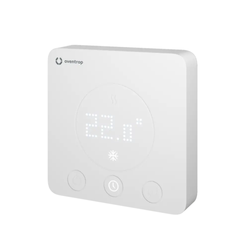 Weißes Raumthermostat von Oventrop mit digitaler Anzeige für Temperatur und verschiedenen Bedienelementen, geeignet für Heiz- und Kühlanlagen.